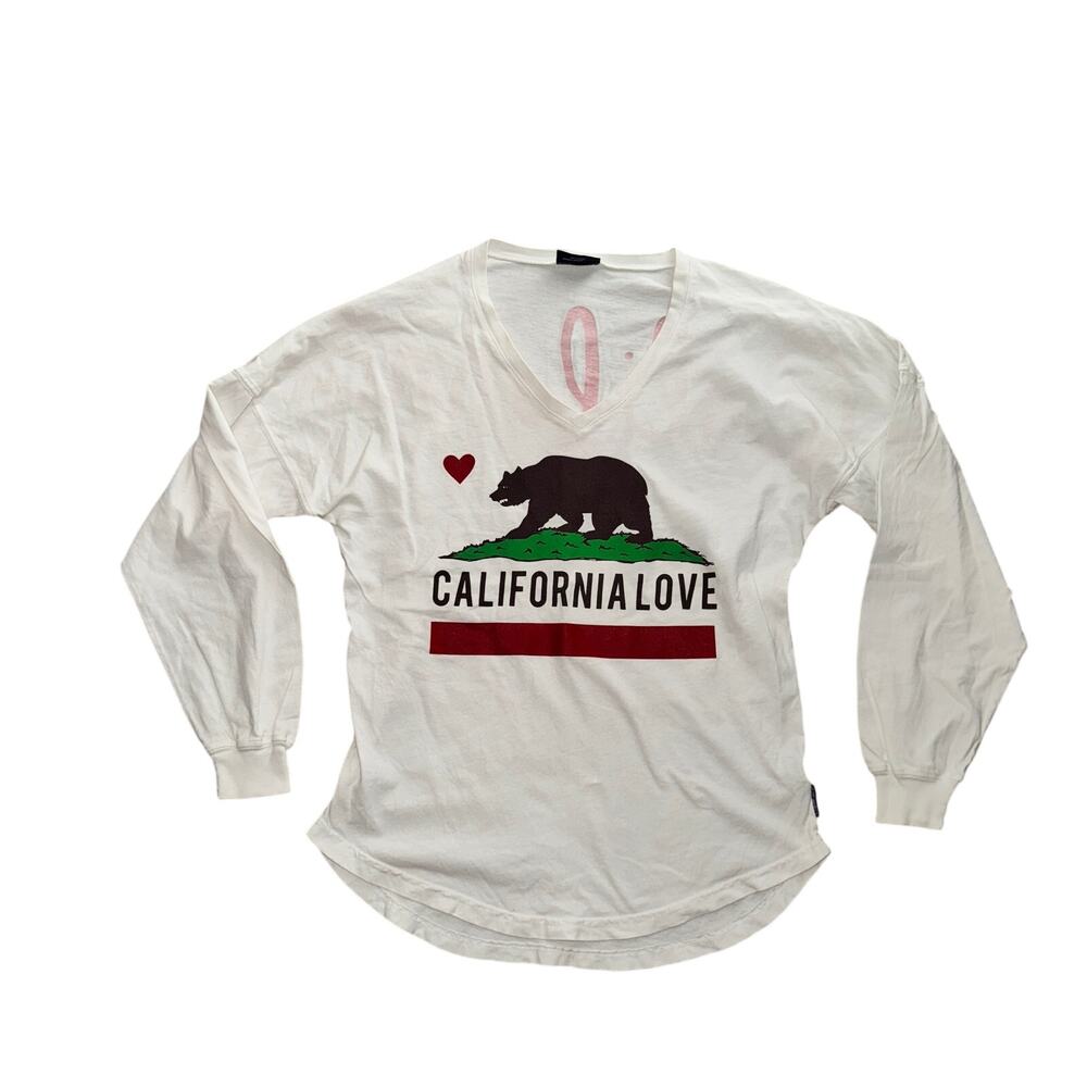 Spirit Jersey Shirt Womens Sz XS White California Love L/S V Neck Back Spell Out